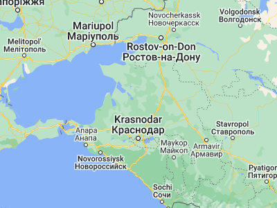 Map showing location of Bryukhovetskaya (45.80603, 38.99959)