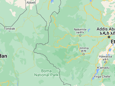 Map showing location of Dembī Dolo (8.53333, 34.8)