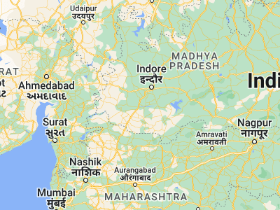 Map showing location of Dhāmnod (22.21667, 75.46667)