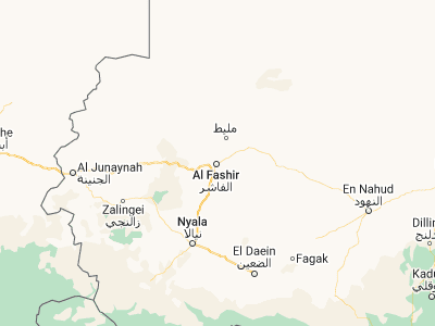 Map showing location of El Fasher (13.62793, 25.34936)