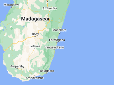 Map showing location of Farafangana (-22.82223, 47.82615)
