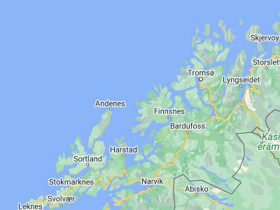 Map showing location of Gryllefjord (69.36304, 17.05284)