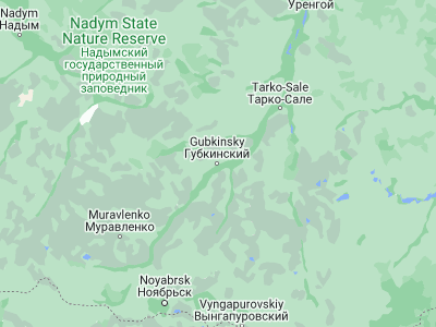 Map showing location of Gubkinskiy (64.434, 76.50261)