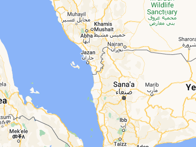 Map showing location of Ḩaraḑ (16.40965, 43.05883)