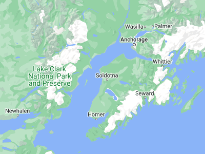 Map showing location of Kenai (60.55444, -151.25833)