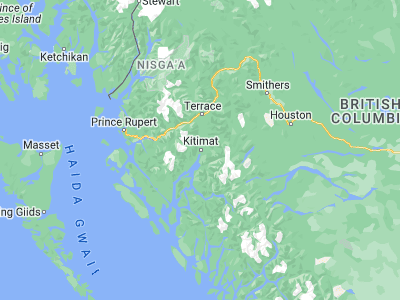 Map showing location of Kitimat (54.05244, -128.65342)