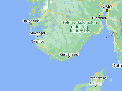 Map showing location of Kyrkjebygda (58.61523, 7.41391)