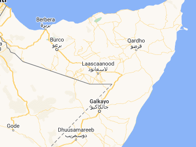 Map showing location of Laascaanood (8.47738, 47.35971)