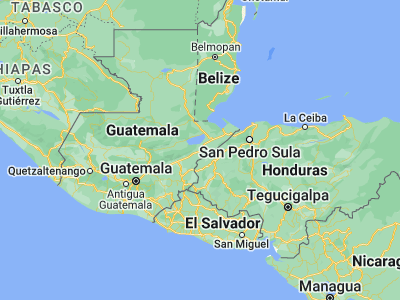 Map showing location of Los Amates (15.26667, -89.1)