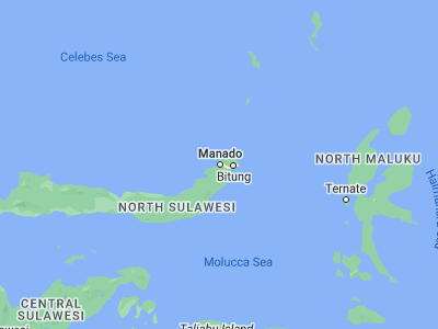 Map showing location of Manado (1.487, 124.8455)