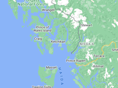 Map showing location of Metlakatla (55.12917, -131.57222)