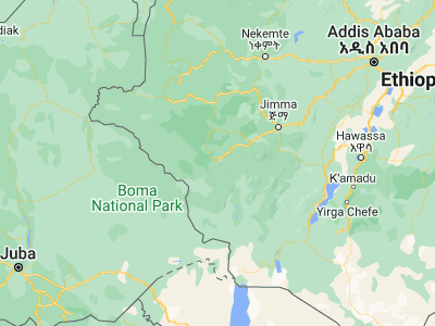 Map showing location of Mīzan Teferī (6.98333, 35.58333)