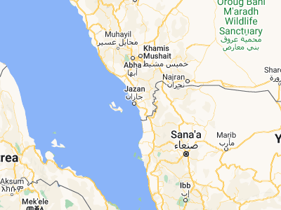 Map showing location of Mizhirah (16.82611, 42.73333)