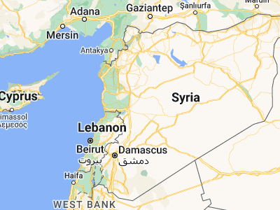 Map showing location of Mukharram al Fawqānī (34.81521, 37.08677)