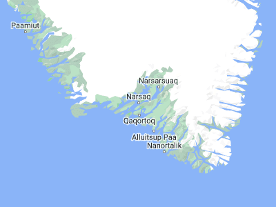 Map showing location of Narsaq (60.91667, -46.05)