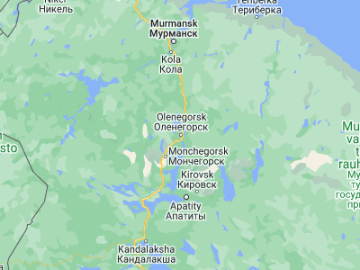 Map showing location of Olenegorsk (68.1432, 33.25287)