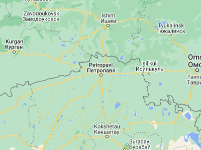 Map showing location of Petropavlovsk (54.87278, 69.143)