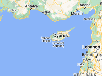 Map showing location of Peyia (34.88333, 32.38333)