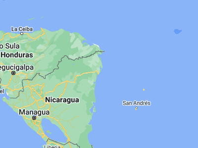 Map showing location of Puerto Cabezas (14.03507, -83.38882)