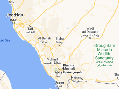 Map showing location of Qal‘at Bīshah (20.00054, 42.6052)