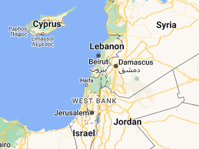 Map showing location of Qiryat Shemona (33.20733, 35.57212)