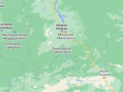 Map showing location of Sayanogorsk (53.0875, 91.39972)