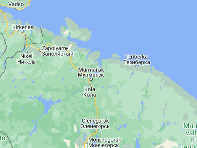 Map showing location of Severomorsk (69.06889, 33.41622)