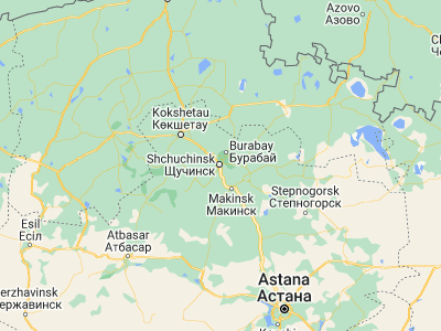 Map showing location of Shchūchīnsk (52.93818, 70.1895)