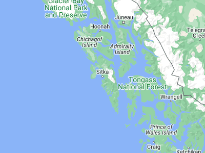 Map showing location of Sitka (57.05306, -135.33)