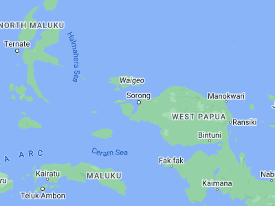 Map showing location of Sorong (-0.88333, 131.25)