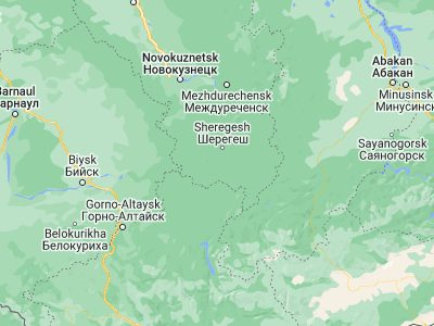 Map showing location of Tashtagol (52.7657, 87.8894)