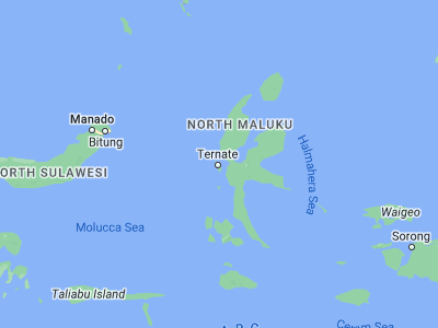 Map showing location of Ternate (0.8, 127.4)