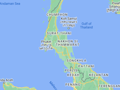Map showing location of Thung Yai (8.30119, 99.3661)