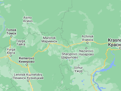 Map showing location of Tyazhinskiy (56.11607, 88.52279)