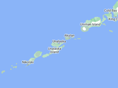 Map showing location of Unalaska (53.87361, -166.53667)