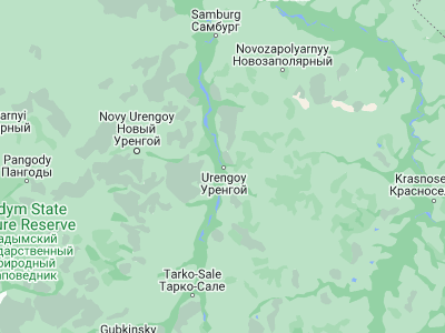 Map showing location of Urengoy (65.9655, 78.36929)