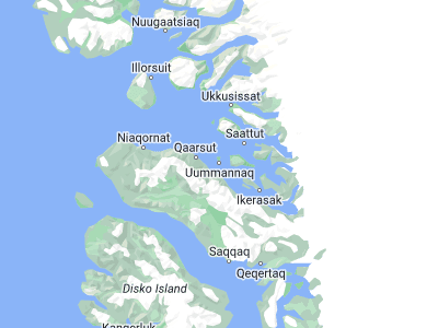 Map showing location of Uummannaq (70.67472, -52.12639)