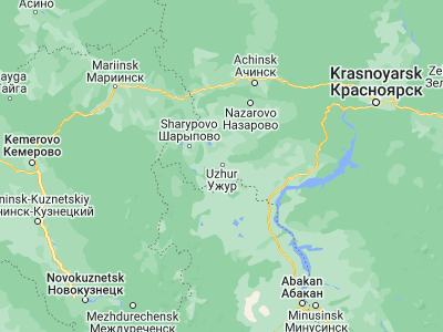 Map showing location of Uzhur (55.31246, 89.83301)