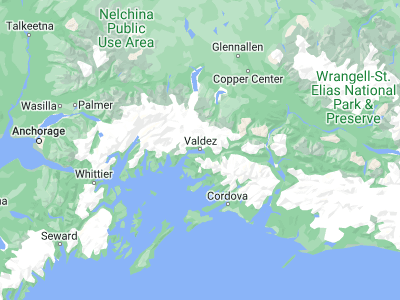 Map showing location of Valdez (61.13083, -146.34833)