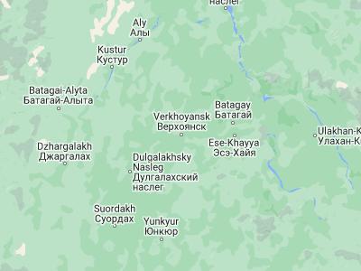 Map showing location of Verkhoyansk (67.55387, 133.38976)