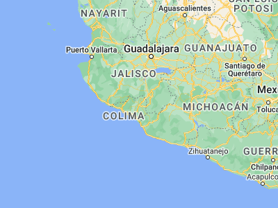 Map showing location of Villa de Alvarez (19.25, -103.73333)