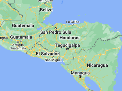 Map showing location of Villa de San Antonio (14.31667, -87.61667)