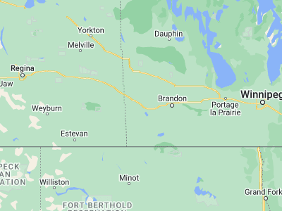 Map showing location of Virden (49.8508, -100.93262)