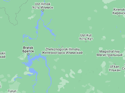 Map showing location of Zheleznogorsk-Ilimskiy (56.5768, 104.1217)