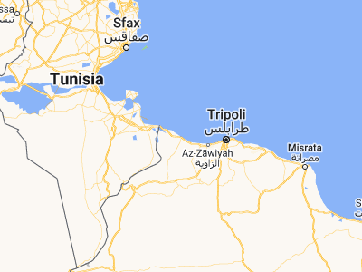 Map showing location of Zuwārah (32.9312, 12.08199)